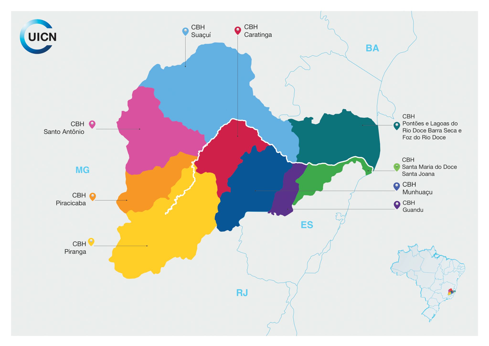 Mapa com os comitês da Bacia do Rio Doce.