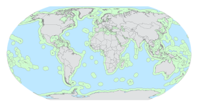 The Global map of exclusive economic zones (green) and high seas (blue) oceanic areas.