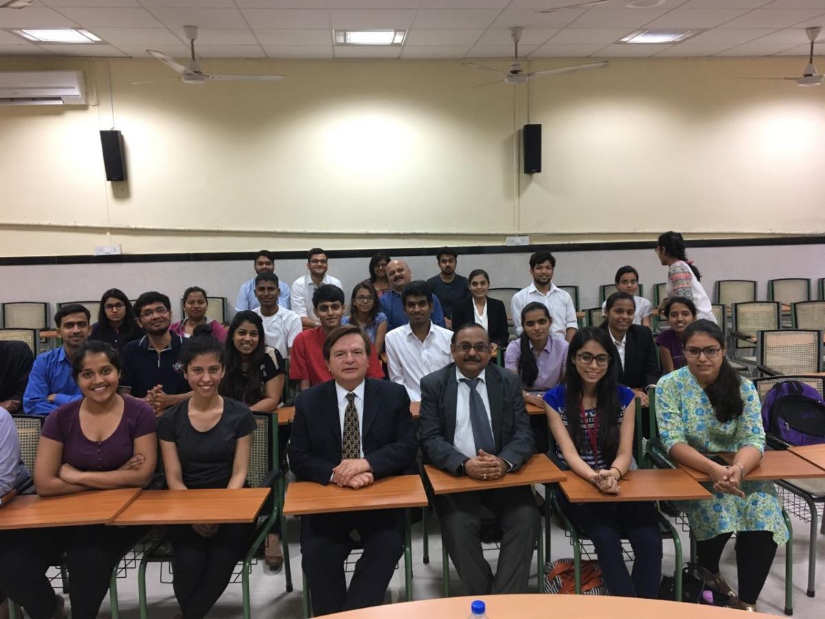 WCEL Chair visiting Mumbai government law school with principal Dr Ajay Nathani and students