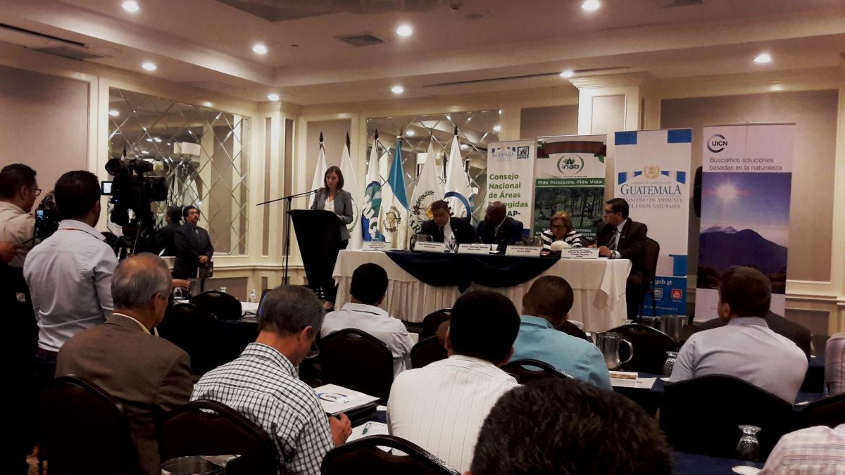 Ursula Parrilla, UICN ORMACC en presentación de herramientas de restauración en Guatemala, la acompaña en la mesa principal el Ministro de Ambiente de Guatemala, Sydney Samuels.