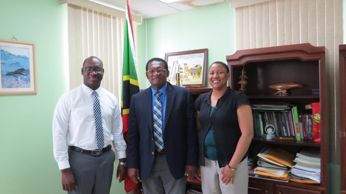 Hon. Enguene Hamilton - Minister with responsibility for Environment (middle) with Mr. Eavin Parry, St. Kitts and Nevis Project Focal Point (left) and Mrs. Melesha Gunning-Banhan – Project Coordinator (right).