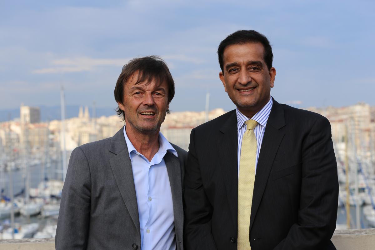 French Minister for Ecological and Inclusive Transition, Nicolas Hulot, and IUCN Vice President Malik Amin Aslam Khan following the announcement in Marseille's Vieux Port