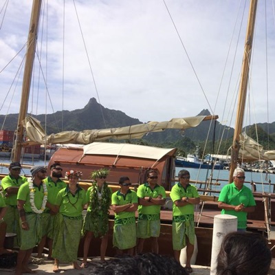 Mr Tua Pittman of the Cook Islands Voyaging Society speaking at the launch of the Marumaru Atua - the start of the 'Mua: Guided by Nature' voyage to Sydney for the IUCN World Parks Congress 2014
