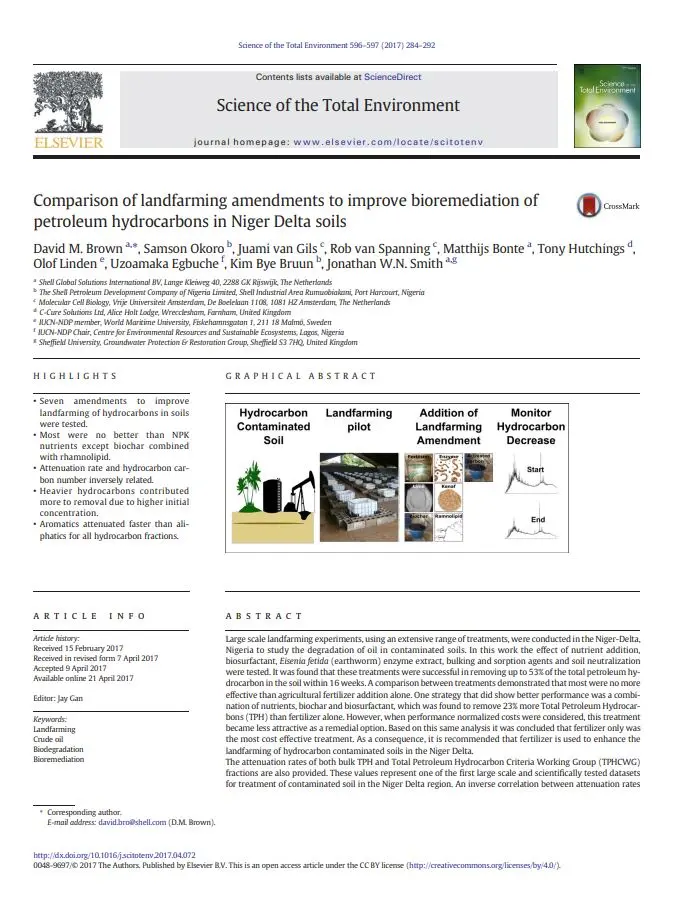 Comparison of landfarming amendments to improve bioremediation of petroleum hydrocarbons in Niger Delta soils