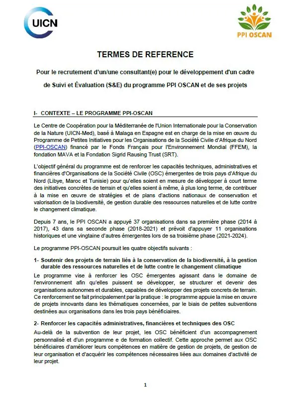 TERMES DE REFERENCE Pour le recrutement d’un/une consultant(e) pour le développement d'un cadre de Suivi et Évaluation (S&E) du programme PPI OSCAN et de ses projets pic