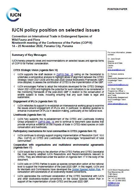 IUCN Position paper for CITES COP19 cover thumbnail