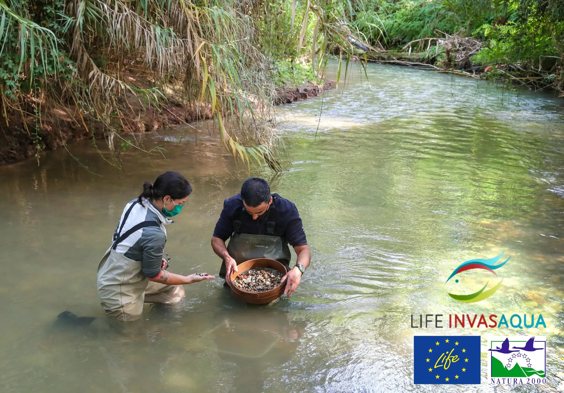 Two people surveying a river