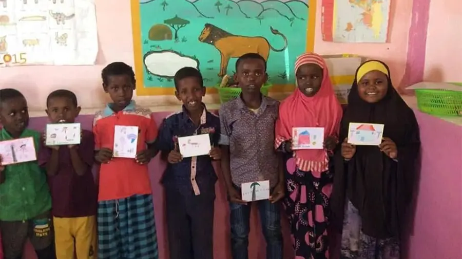 Children from Hala-Bookhad refugee camp and GECPD displaying their climate action postcard messages